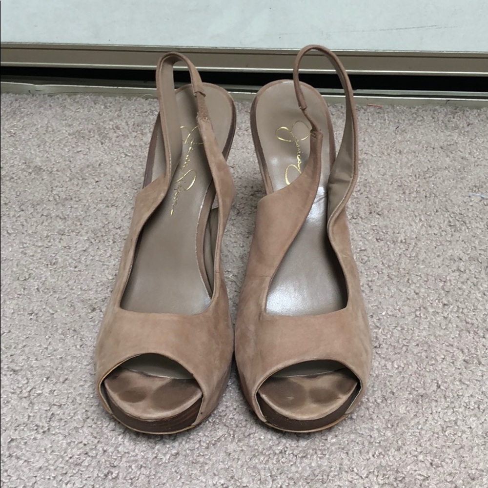 Suede Beige Jessica Simpson sling back platforms.